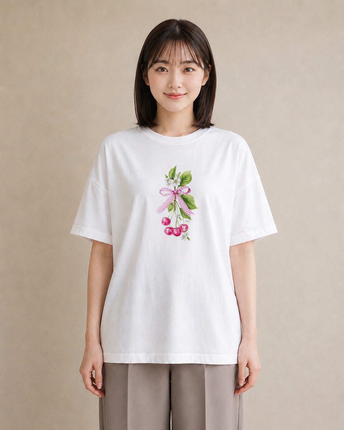 デザインTシャツ レディース さくらんぼ チェリー 食べ物 フード イラスト レトロ 自分用 ルームウェア 白T