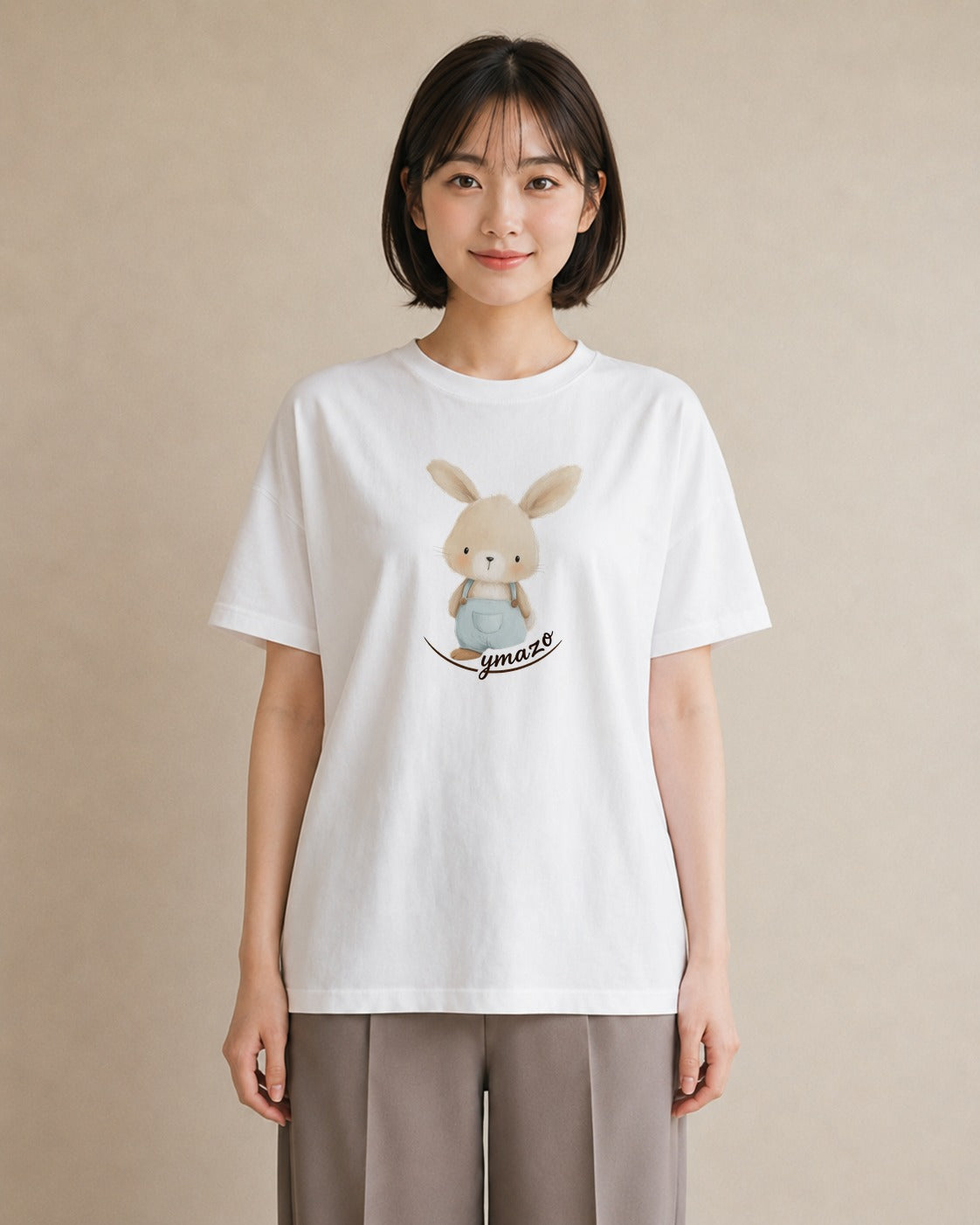 半袖Tシャツ レディース ミニうさぎ ペット 動物 イラスト 線画 ラフ レイヤード 白T