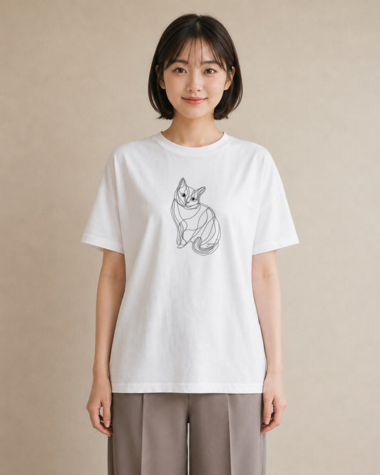 グラフィックTシャツ レディース 猫 ねこ ネコ イラスト 線画 散歩 お出かけ 白T