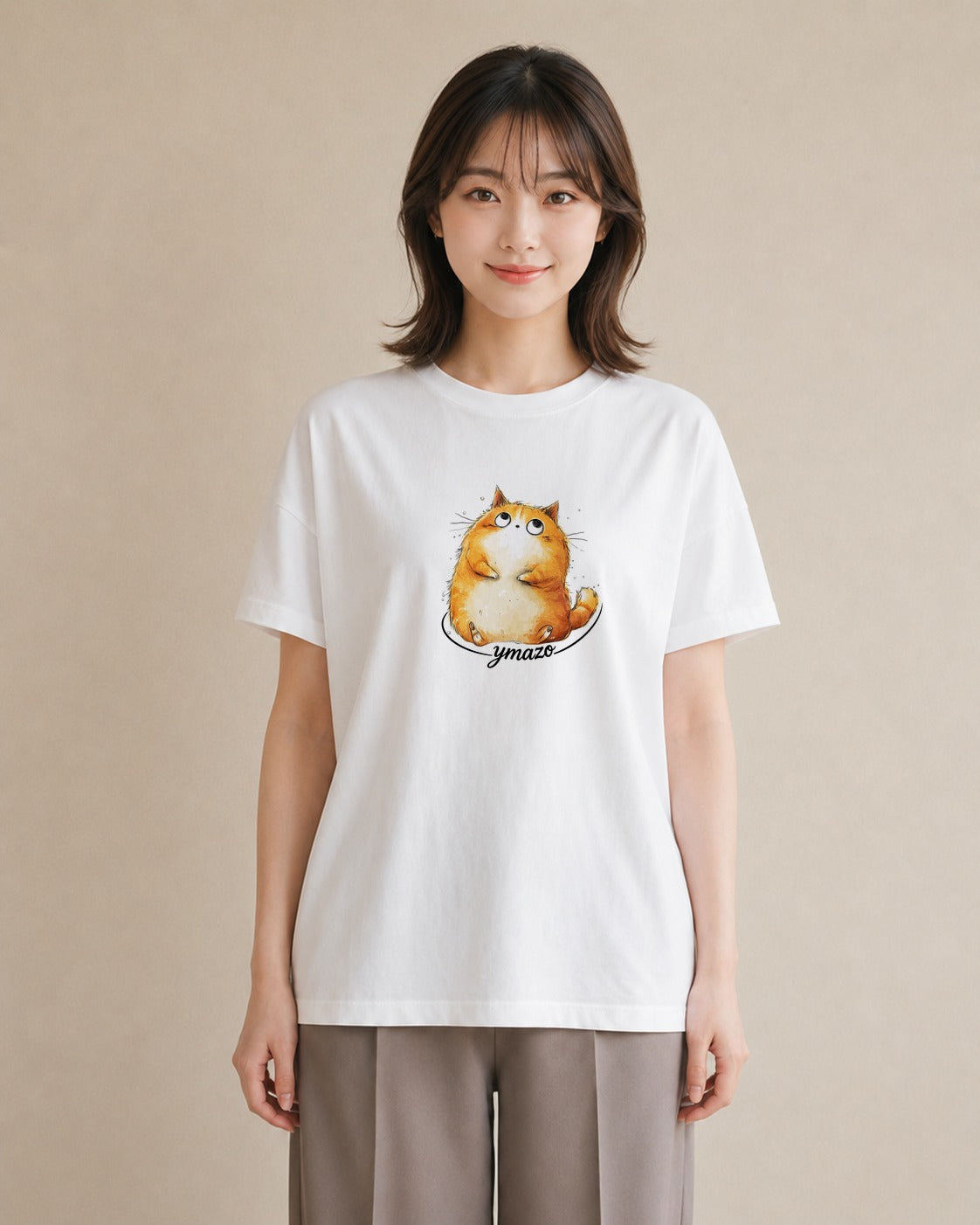 プリントTシャツ レディース 茶トラ 茶猫 猫 ねこ イラスト 淡色 デイリーウェア 休日 白T