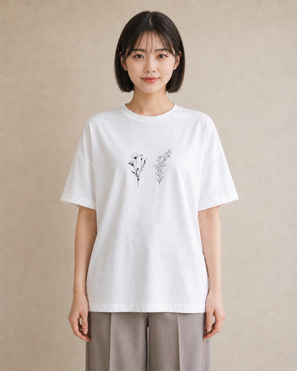 半袖Tシャツ レディース 小花 花 フラワー イラスト ガーリー 夏コーデ 通学 白T