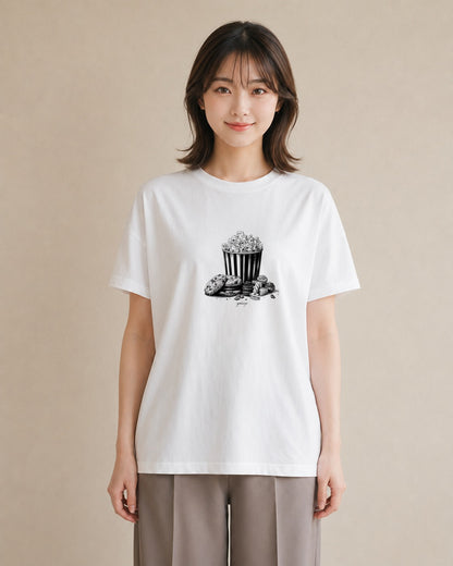 半袖Tシャツ レディース ポップコーン 食べ物 フード イラスト 個性的 帰省 ラフ 白T