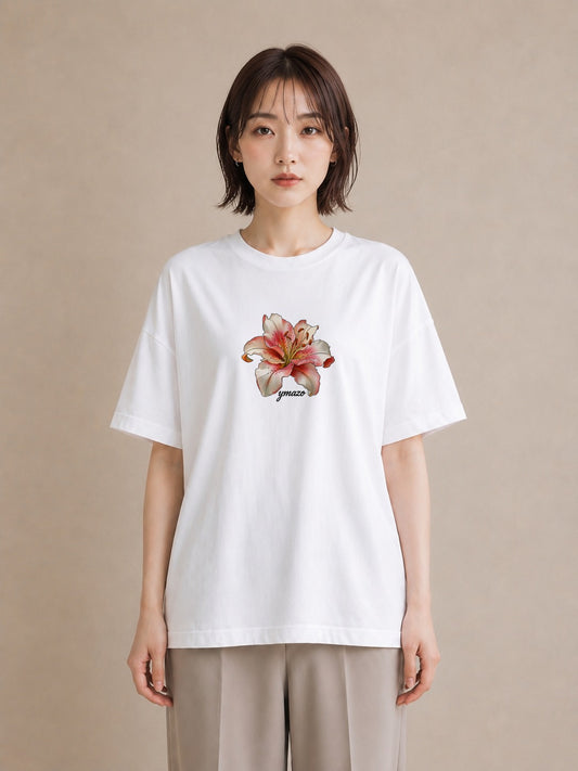 Tシャツ レディース ゆり 百合 花 花柄 イラスト モード 帰省 ラフ 白T