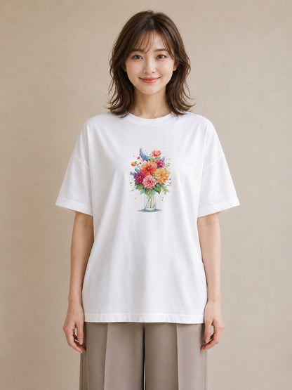 Tシャツ レディース ポスト 野の花 レトロ ナチュラル アンティーク イラスト 淡色 カフェ服 クリスマス 白T