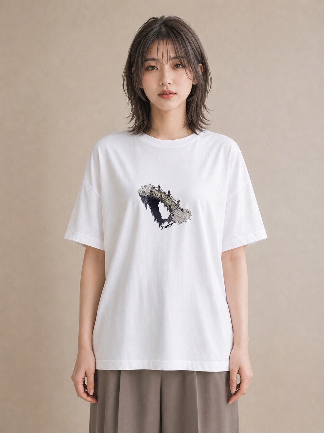 Tシャツ レディース 小川 橋 せせらぎ ナチュラル アンティーク イラスト ラフ 旅行用 海 白T