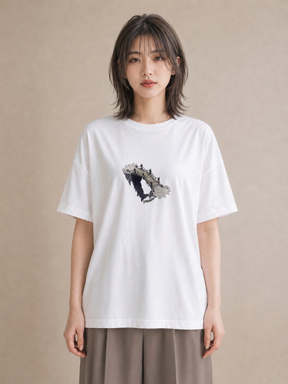 Tシャツ レディース 小川 橋 せせらぎ ナチュラル アンティーク イラスト ラフ 旅行用 海 白T
