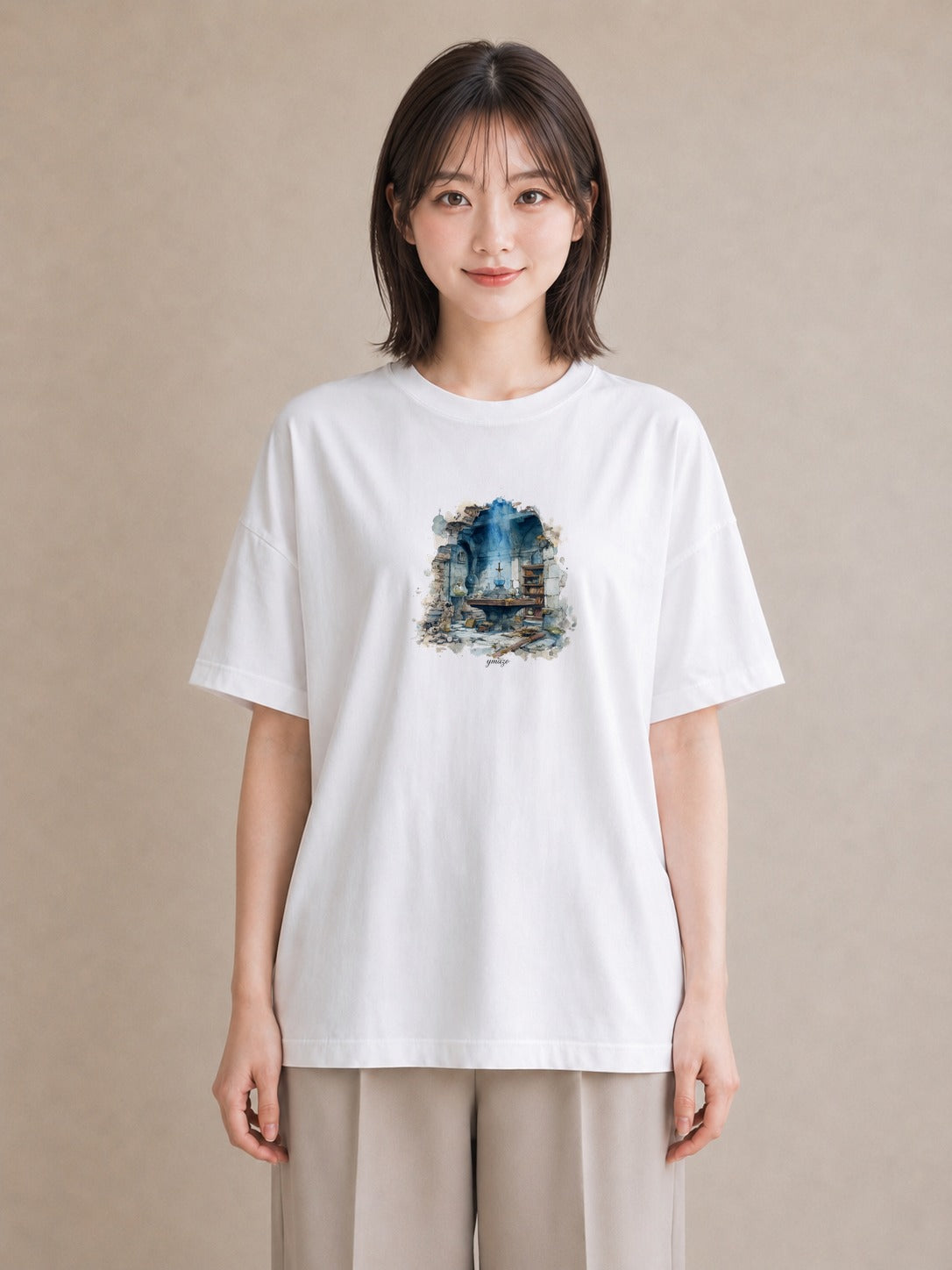 プリントTシャツ レディース 駅のホーム ローカル線 駅 ナチュラル アンティーク イラスト 韓国風 海 カフェ巡り 白T