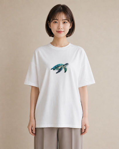 半袖Tシャツ レディース ウミガメ 海の生き物 海 イラスト 普段使い 母の日 ビーチ 白T