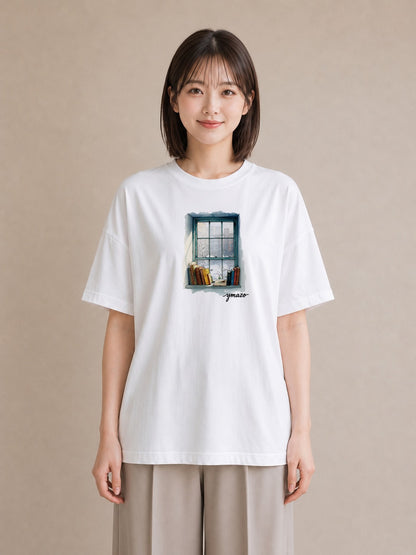 グラフィックTシャツ レディース 窓辺の雨 雨の日 窓 ナチュラル アンティーク イラスト 公園 ママ 白T
