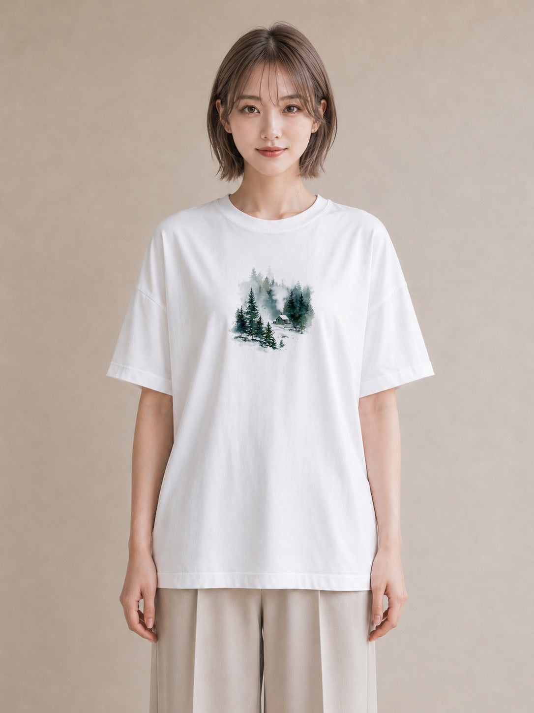 プリントTシャツ レディース 湖畔の小屋 湖 小屋 ナチュラル アンティーク イラスト 休日コーデ 誕生日プレゼント 綿100 白T
