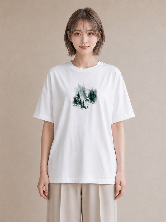 プリントTシャツ レディース 湖畔の小屋 湖 小屋 ナチュラル アンティーク イラスト 休日コーデ 誕生日プレゼント 綿100 白T