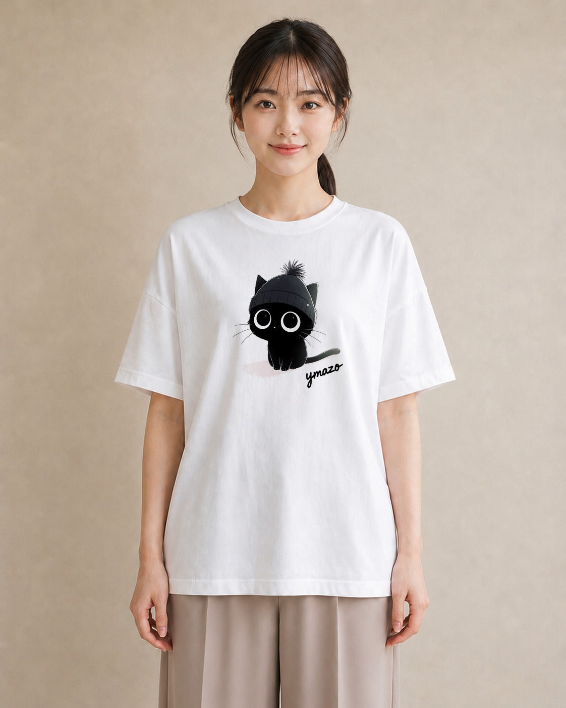 プリントTシャツ レディース 黒猫 猫 ねこ イラスト アート風 通勤 在宅 白T