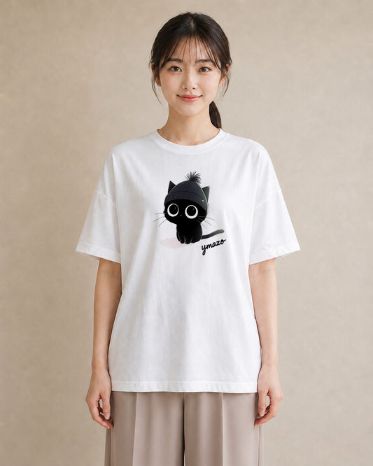 プリントTシャツ レディース 黒猫 猫 ねこ イラスト アート風 通勤 在宅 白T