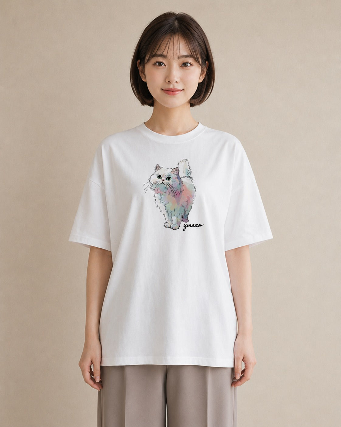 Tシャツ レディース おすわり猫 猫 ねこ イラスト モード ママ カフェ服 白T