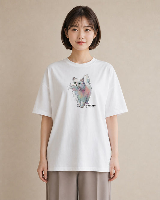 Tシャツ レディース おすわり猫 猫 ねこ イラスト モード ママ カフェ服 白T