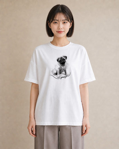 半袖Tシャツ レディース パグ 犬 いぬ イラスト ミニマル 散歩 お出かけ 白T
