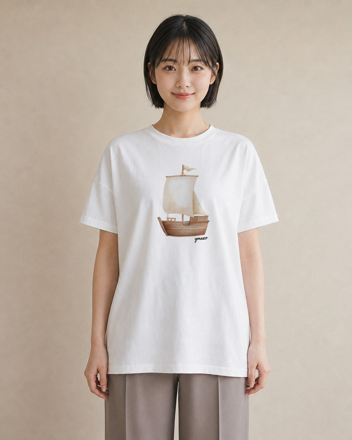 Tシャツ レディース 紙の船 水辺 ナチュラル アンティーク イラスト きれいめカジュアル 友達ギフト 部屋着 白T