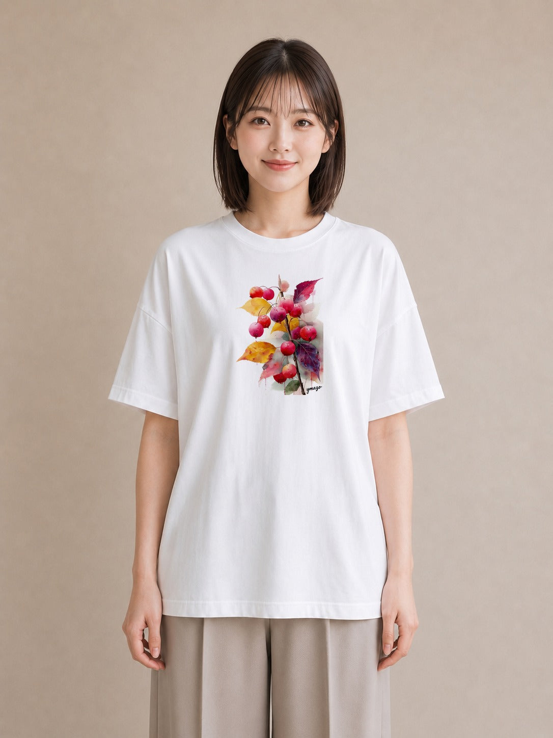 デザインTシャツ レディース 木の実 植物 ボタニカル イラスト カフェコーデ 買い物 夏コーデ 白T