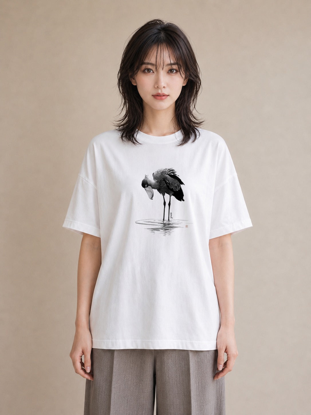 半袖Tシャツ レディース ハシビロコウ 動物 アニマル イラスト アート風 ママ カフェ服 白T