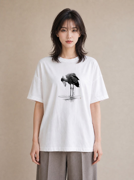 半袖Tシャツ レディース ハシビロコウ 動物 アニマル イラスト アート風 ママ カフェ服 白T