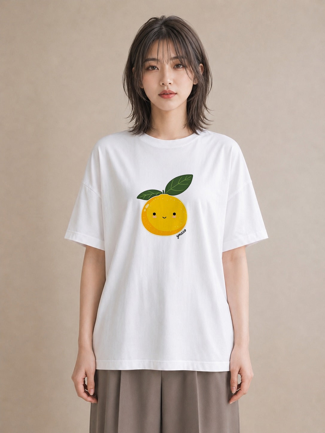 プリントTシャツ レディース みかん 食べ物 フード イラスト カフェコーデ ミセス 春コーデ 白T