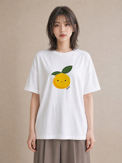プリントTシャツ レディース みかん 食べ物 フード イラスト カフェコーデ ミセス 春コーデ 白T