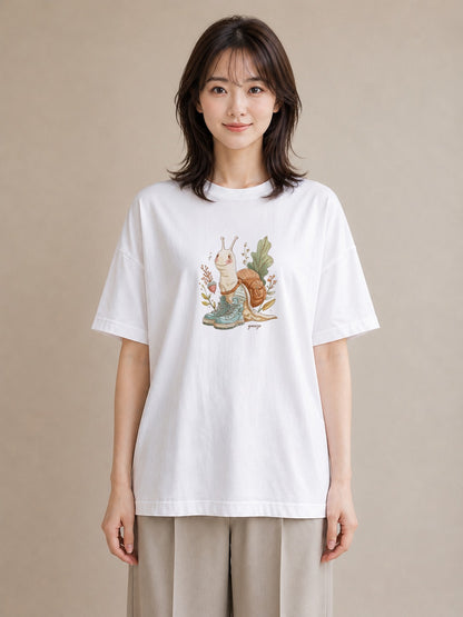 プリントTシャツ レディース かたつむり 昆虫 虫 イラスト ヴィンテージ風 綿100 デート 白T