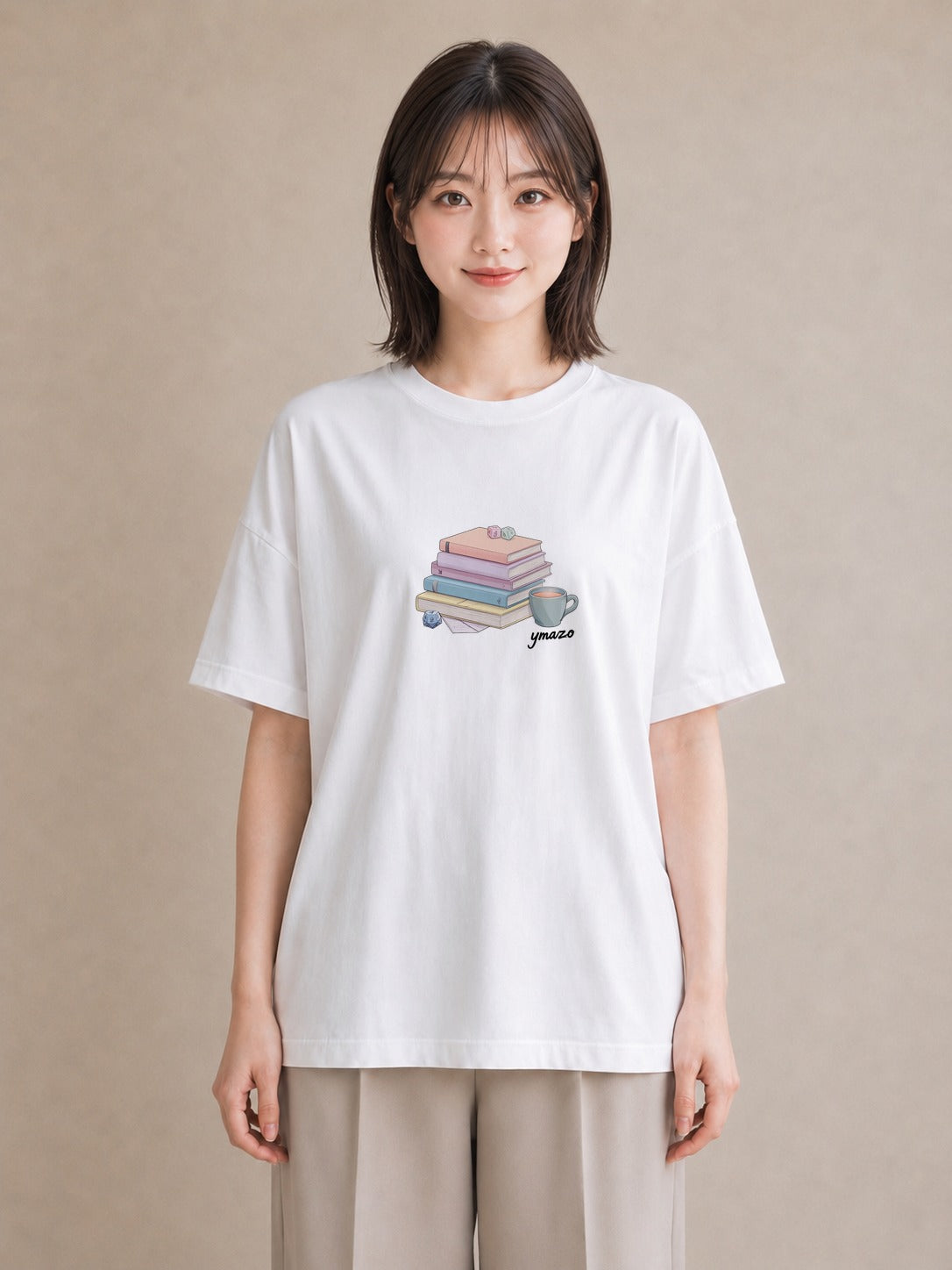 Tシャツ レディース 本 読書 ブック イラスト カフェコーデ 普段着 週末コーデ 白T