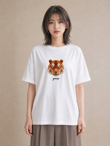 半袖Tシャツ レディース とら 動物 アニマル イラスト カジュアル ペアコーデ 秋コーデ 白T