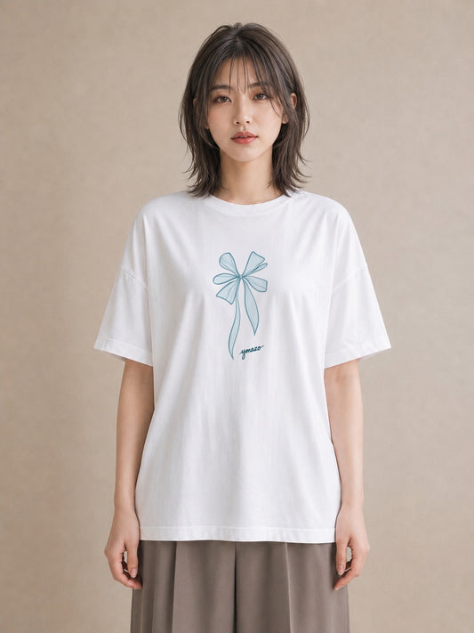 デザインTシャツ レディース リボン ボウ りぼん イラスト ラフ 公園 ママ 白T