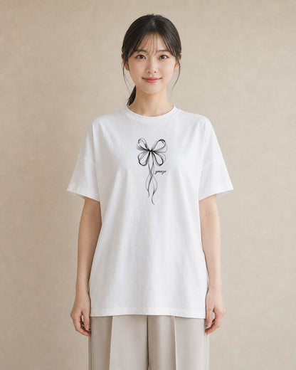 デザインTシャツ レディース リボン 蝶結び ナチュラル アンティーク イラスト ラフカジュアル 旅行用 海 白T