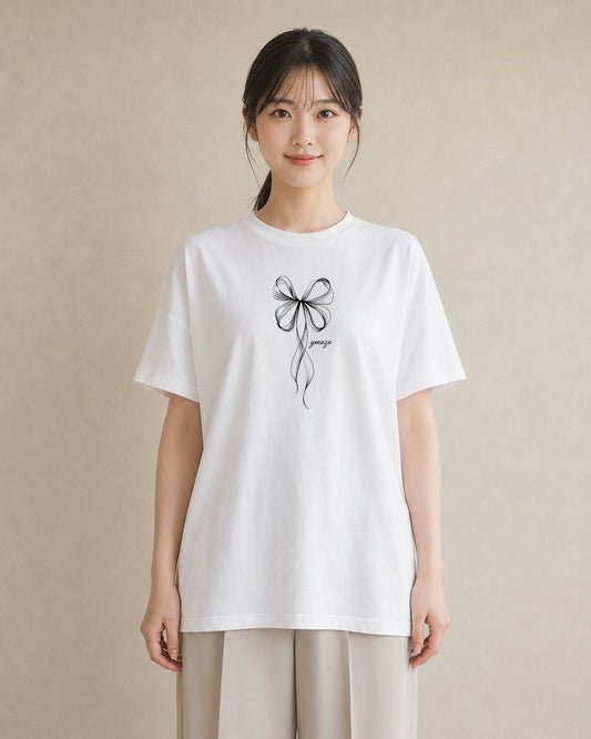 デザインTシャツ レディース リボン 蝶結び ナチュラル アンティーク イラスト ラフカジュアル 旅行用 海 白T