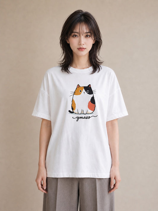 半袖Tシャツ レディース ニャンコ 猫 ねこ イラスト フェミニン 秋コーデ おしゃれギフト 白T
