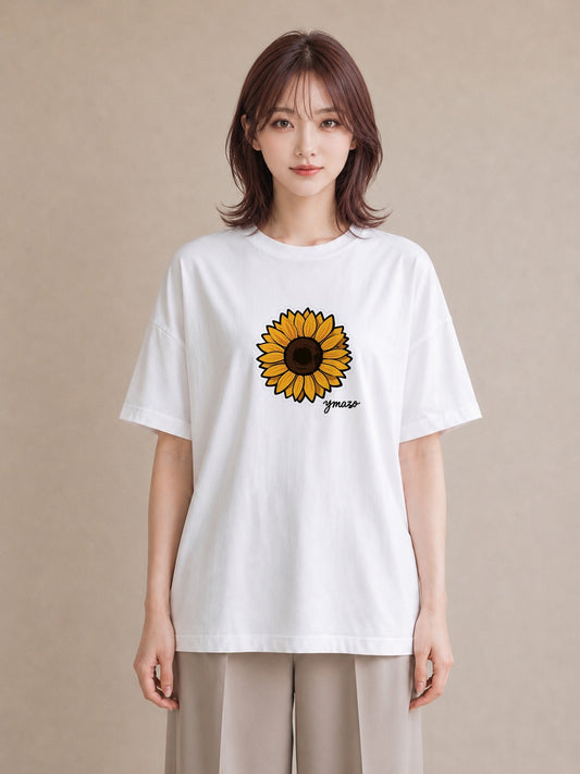 半袖Tシャツ レディース ひまわり 向日葵 花 花柄 イラスト ナチュラル 送別ギフト 通勤 白T