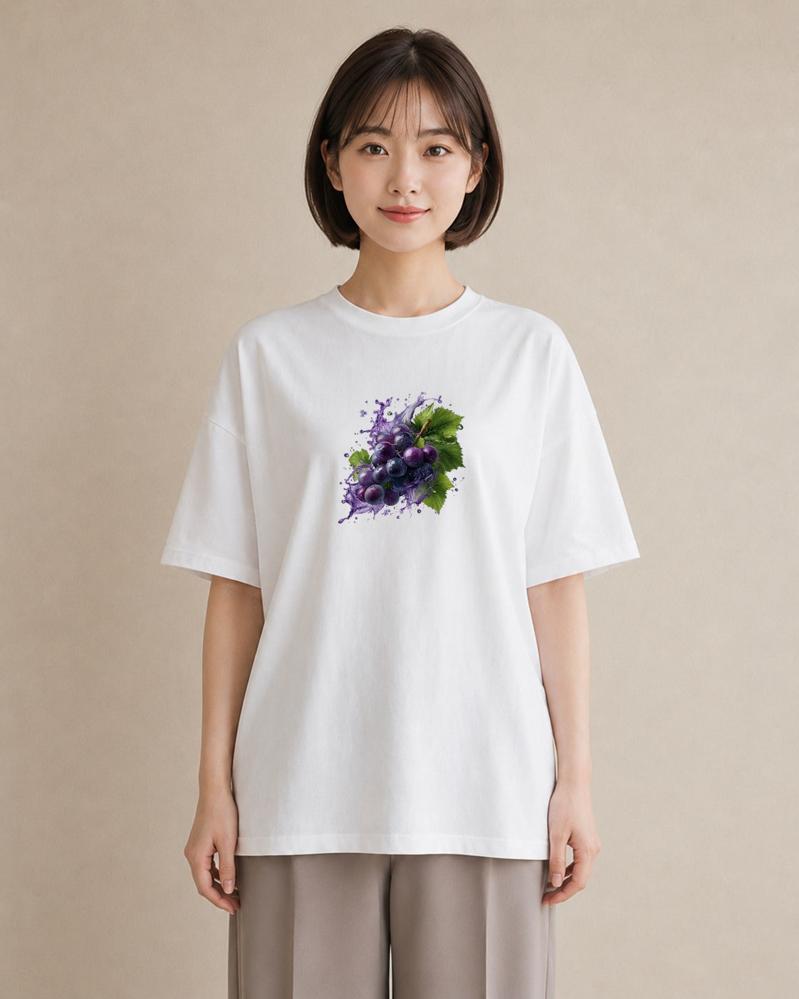 デザインTシャツ レディース ぶどう 葡萄 食べ物 フード イラスト ミニマル カフェ服 クリスマス 白T