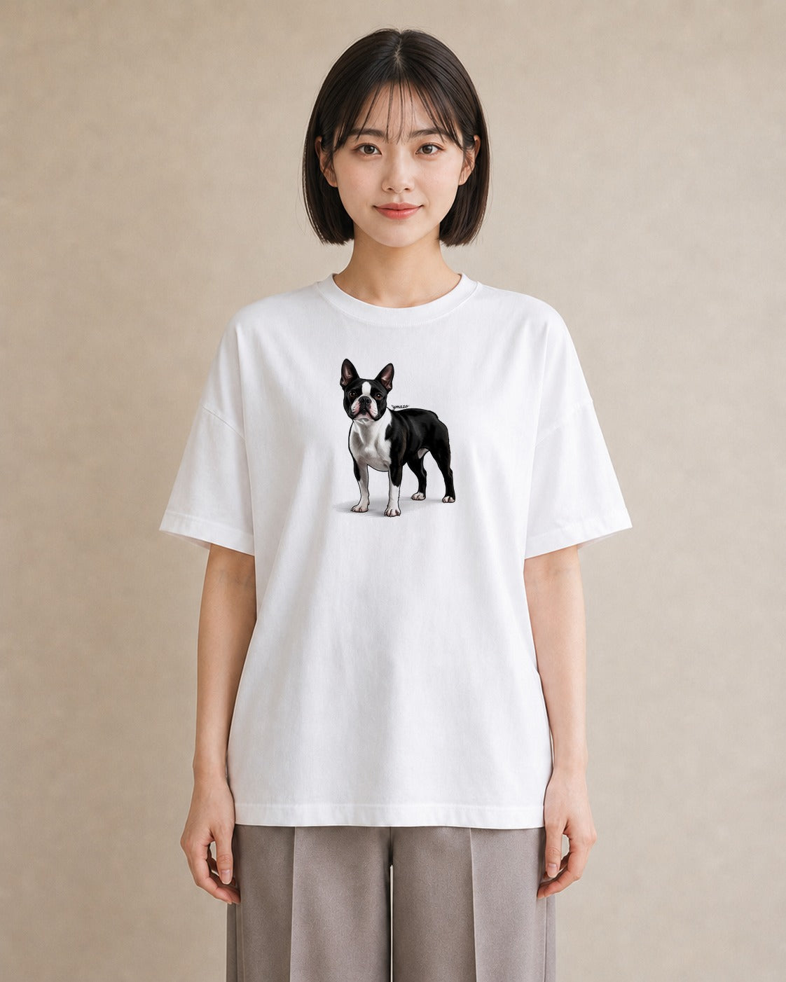 半袖Tシャツ レディース ボストンテリア 犬 いぬ イラスト フェミニン デート 帰省 白T