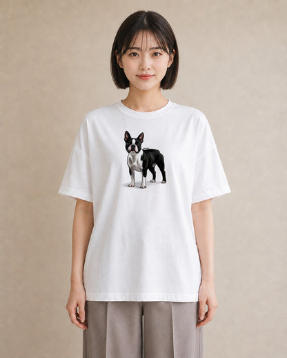 半袖Tシャツ レディース ボストンテリア 犬 いぬ イラスト フェミニン デート 帰省 白T