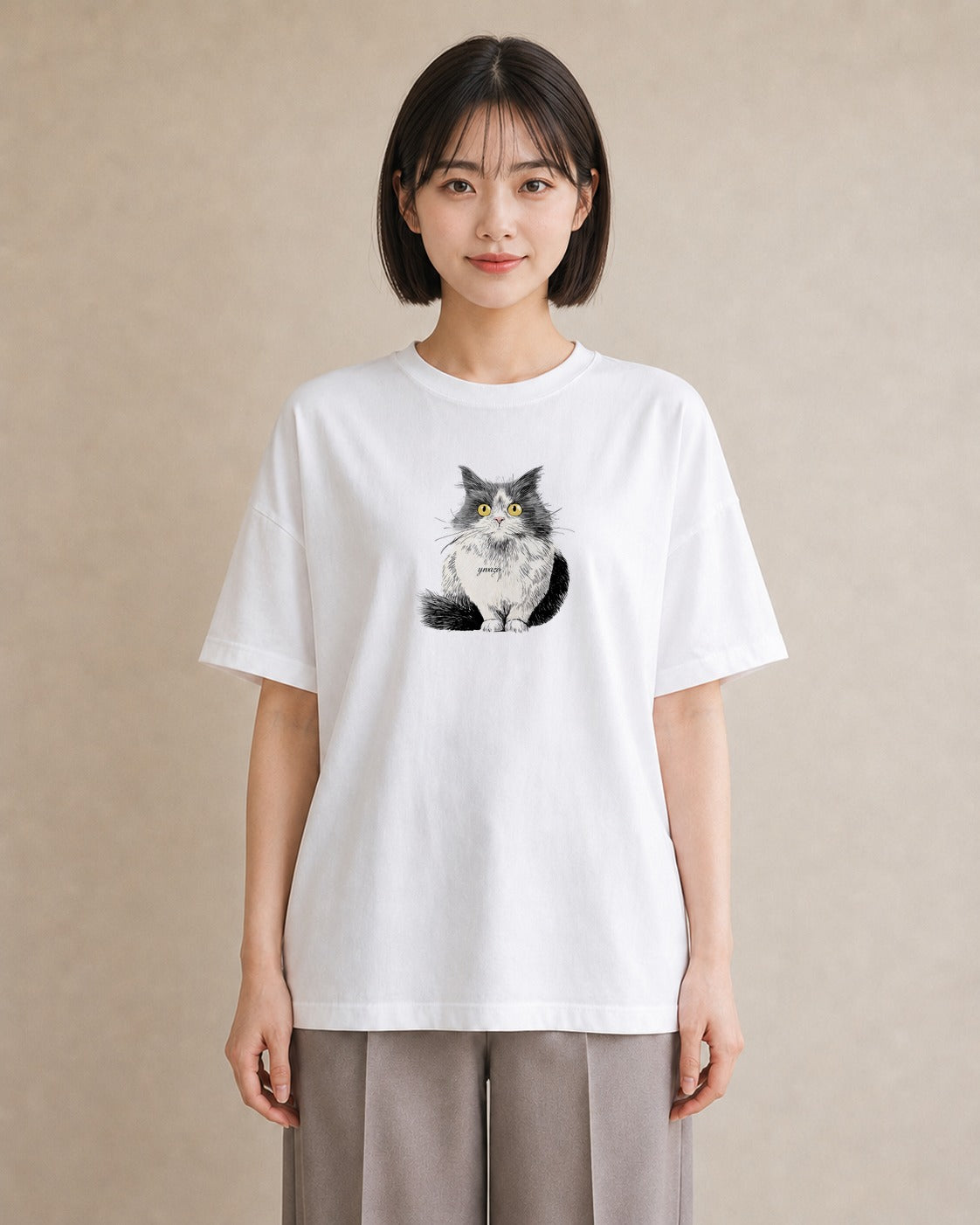 Tシャツ レディース ペルシャ 猫 ねこ イラスト 北欧風 買い物 夏コーデ 白T