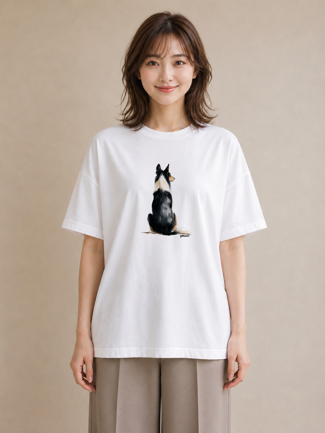 半袖Tシャツ レディース ボーダーコリー 犬 いぬ イラスト シンプル カフェ服 クリスマス 白T