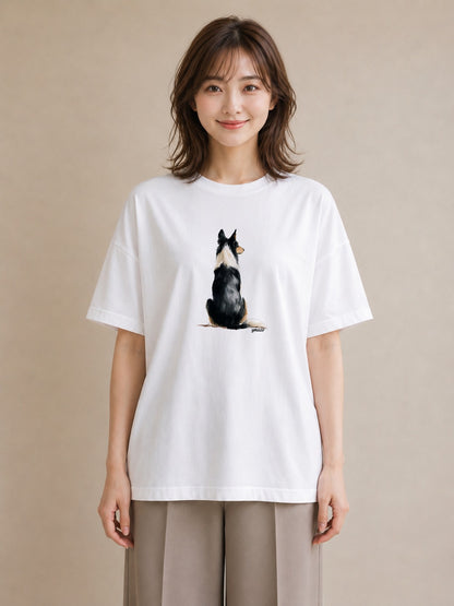 半袖Tシャツ レディース ボーダーコリー 犬 いぬ イラスト シンプル カフェ服 クリスマス 白T