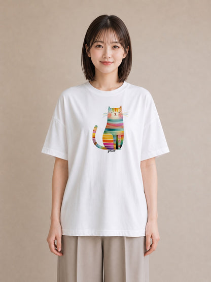 半袖Tシャツ レディース ねこ 猫 ネコ イラスト カフェコーデ 送別ギフト 通勤 白T