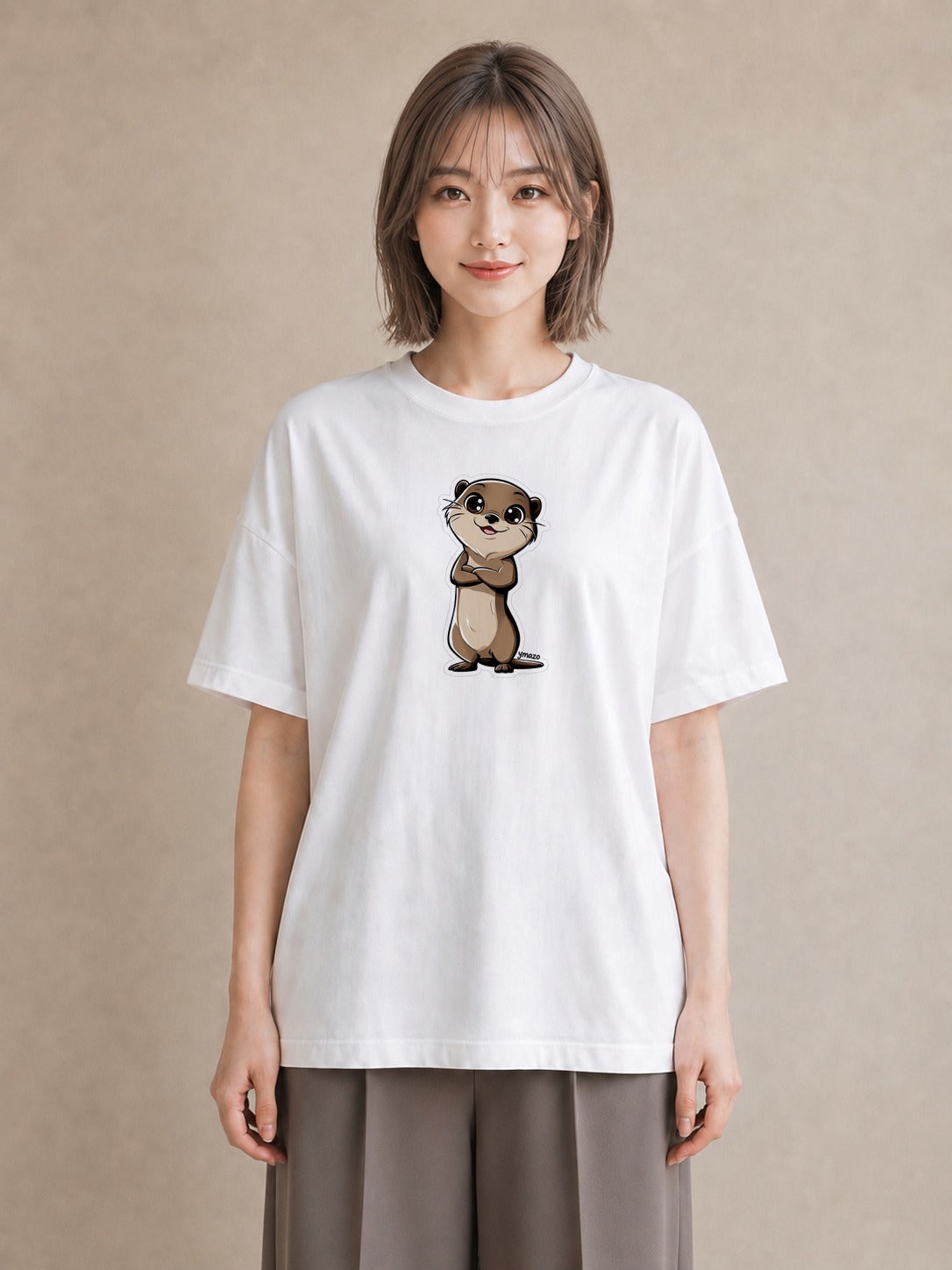グラフィックTシャツ レディース コツメカワウソ 動物 アニマル イラスト ガーリー ラフ レイヤード 白T