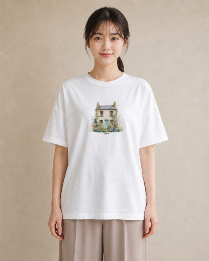 プリントTシャツ レディース 灯りの家 小屋 夜 ナチュラル アンティーク イラスト 普段使い 姉妹 送別ギフト 白T
