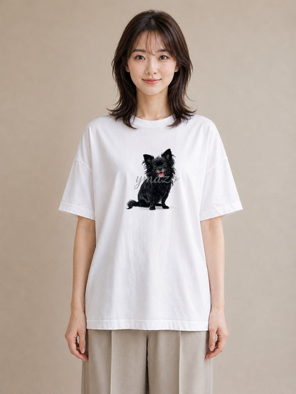半袖Tシャツ レディース ロングコートチワワ 犬 いぬ イラスト きれいめカジュアル 春コーデ 姉妹 白T