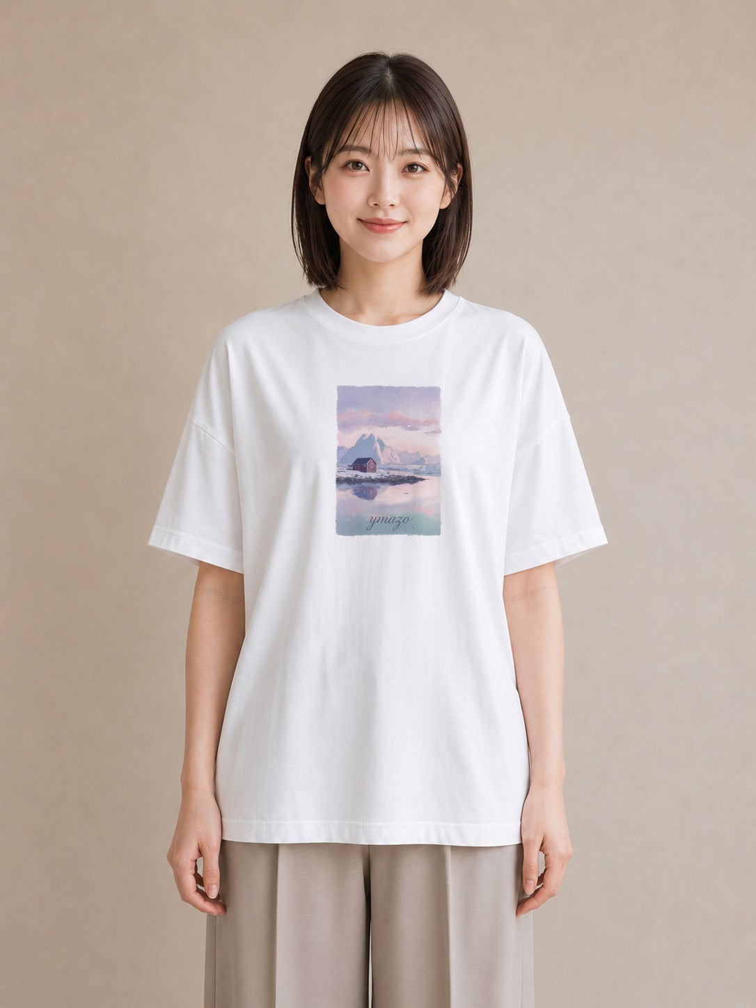 デザインTシャツ レディース 湖畔の小屋 湖 小屋 ナチュラル アンティーク イラスト ポップ 部屋着 女性向けギフト 白T