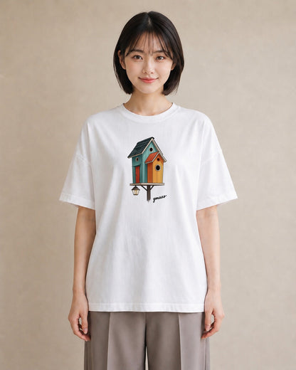 プリントTシャツ レディース 遠い家と鳥 風景 鳥 ナチュラル アンティーク イラスト ポップ デイリーウェア 休日 白T
