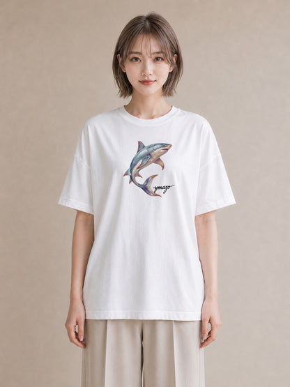 デザインTシャツ レディース サメ 海の生き物 海 イラスト 可愛い ママ カフェ服 白T
