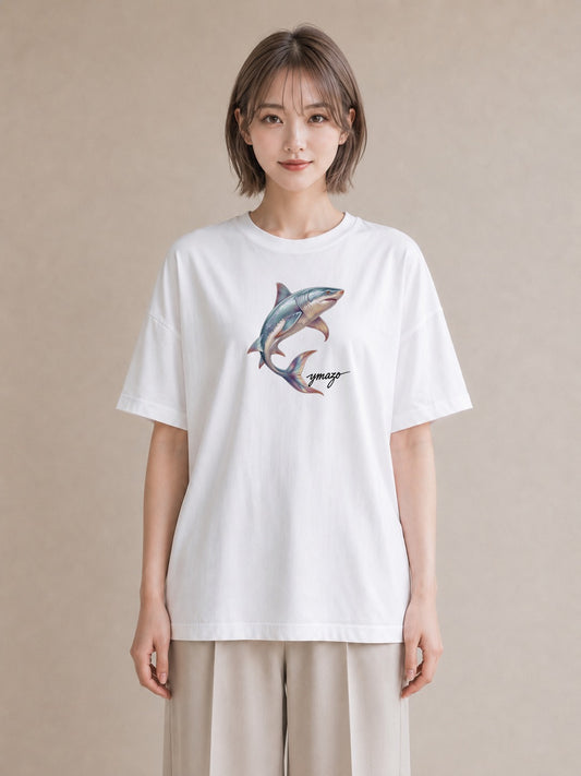 デザインTシャツ レディース サメ 海の生き物 海 イラスト 可愛い ママ カフェ服 白T