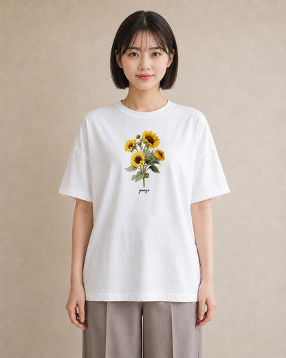 デザインTシャツ レディース ひまわり 向日葵 花 花柄 イラスト ラフカジュアル 部屋着 女性向けギフト 白T