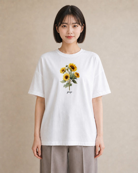 デザインTシャツ レディース ひまわり 向日葵 花 花柄 イラスト ラフカジュアル 部屋着 女性向けギフト 白T